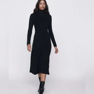 ZARA Wool Blend Knit Black Turtleneck Midi Dress Medium